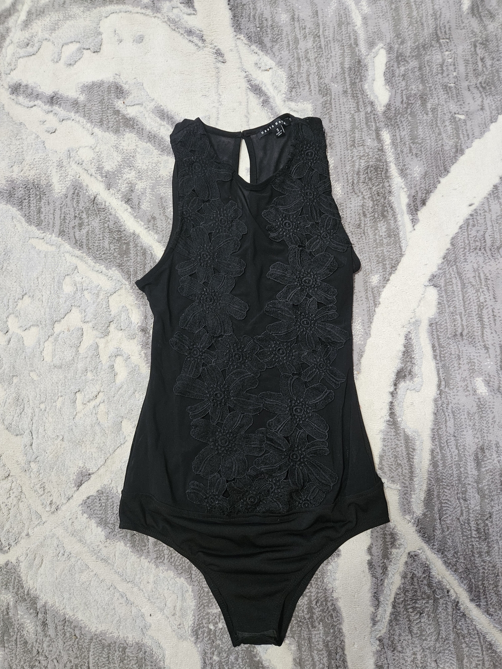Black Floral Appliqué Lace Sleeveless Bodysuit Size S